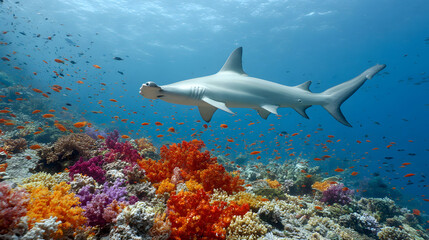 Fototapeta premium Hammerhead Shark Swimming Over Vibrant Coral Reef in a Tropical Ocean