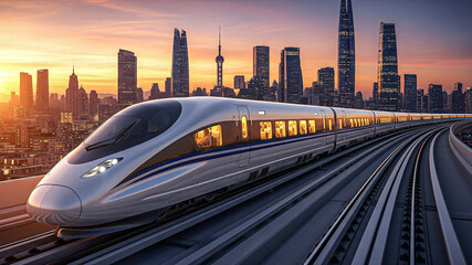 High-speed train traveling through modern city at sunset; futuristic transportation, urban landscape, evening commute.