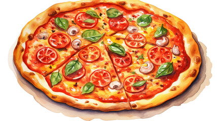 Hot delicious pizza with melted cheese, tomato sauce, and assorted toppings isolated on white background