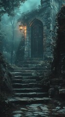 Stone Staircase Leading to Doorway with Lantern in Forest