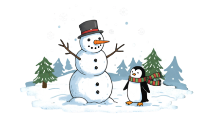 Cute Cartoon Illustration Of Snowman And Penguin In Winter Holiday Scene