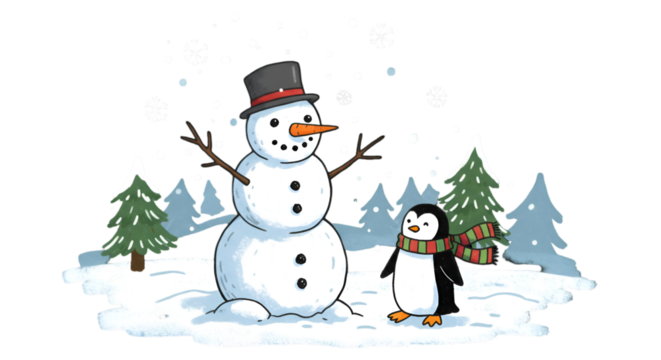 Cute Cartoon Illustration Of Snowman And Penguin In Winter Holiday Scene - Powered by Adobe