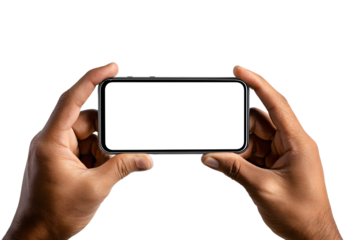 A person holding a smartphone horizontally with a blank white screen. A perfect mockup for showcasing landscape video, games, or streaming content.