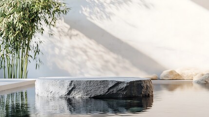 Zen Stone Stage on Clear Water, Reflective Surface, Bamboo and Tranquil Sunlight, Spa