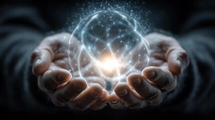 Illuminated hands holding a glowing sphere. Hands holding glowing energy sphere with quantum light particles and futuristic technology concept, symbolic power in science fiction - Powered by Adobe