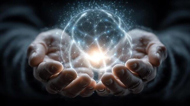 Illuminated hands holding a glowing sphere. Hands holding glowing energy sphere with quantum light particles and futuristic technology concept, symbolic power in science fiction