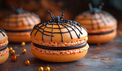 Halloween spooky macarons. Delicious macarons decorated with a spider web design, perfect for a Halloween gathering or festive dessert table.
