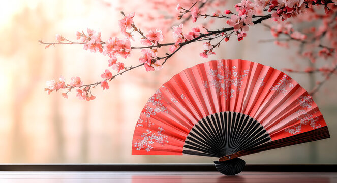 Cherry blossoms and a red fan display. Delicate pink cherry blossoms frame a stylish red fan resting on a wooden surface, creating a serene ambiance.