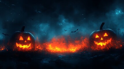 Naklejka premium Two glowing jack o lanterns in a fiery dark landscape with bats halloween pumpkin