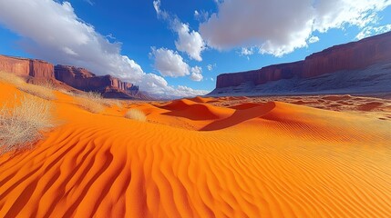 Naklejka premium Vibrant orange desert landscape with mesas and dunes under a vibrant sky.