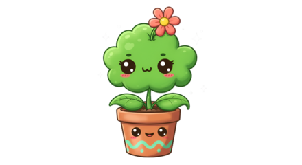 Cute Cartoon Plant Illustration Smiling In A Clay Pot With Transparent Background