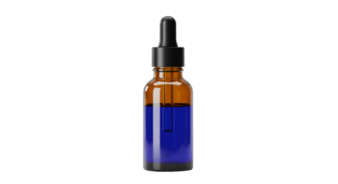 Isolated Amber Glass Bottle with Blue Liquid Dropper on Black Background