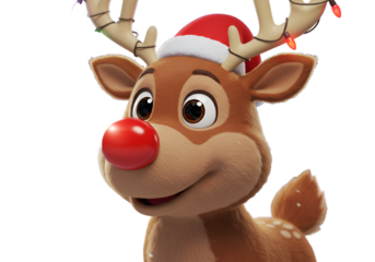 Cute Christmas Reindeer Cartoon Illustration with Red Nose and Lights