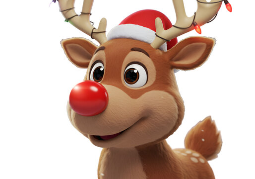 Cute Christmas Reindeer Cartoon Illustration with Red Nose and Lights - Powered by Adobe