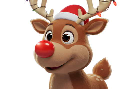 Cute Christmas Reindeer Cartoon Illustration with Red Nose and Lights