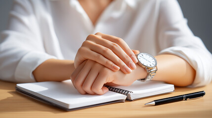 Detail shot of hands of woman in a white shirt checking a wristwatch ,businesswoman.