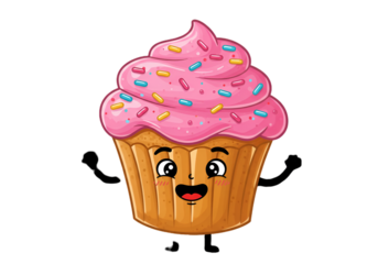 Cute Cartoon Illustration Of A Smiling Cupcake With Pink Frosting And Sprinkles