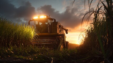 A dramatic, ultra-realistic action shot of a worker operating a large sugarcane harvester at dusk.