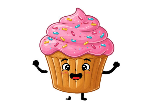 Cute Cartoon Illustration Of A Smiling Cupcake With Pink Frosting And Sprinkles