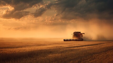 Fototapeta premium A dramatic, ultra-realistic shot of a worker operating a large combine harvester in a golden wheat field, seen from a distance at golden hour. 