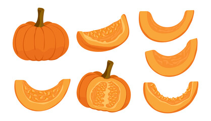 Pumpkin slices. Set of whole pumpkin, carved and pieces of pumpkin with pulp. Vector illustration on isolated background.
