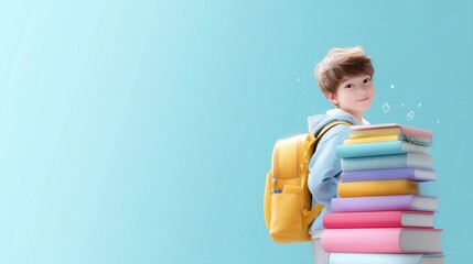 Young student carrying a stack of colorful books with a cheerful expression in a bright blue background