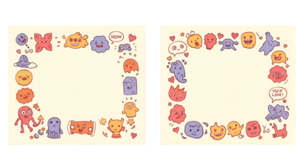 Cute Pixel Frame Illustration with Cartoon Characters and Colorful Background