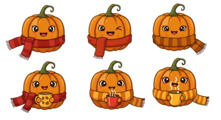 Cute Cartoon Pumpkins Illustration With Scarves Smiling On Transparent Black Background