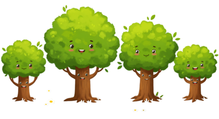 Cute Cartoon Trees Illustration With Smiling Faces And Green Leaves