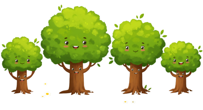 Cute Cartoon Trees Illustration With Smiling Faces And Green Leaves