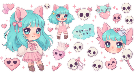 Cute Kawaii Girl Illustration With Pink Hearts And Skulls On Transparent Background