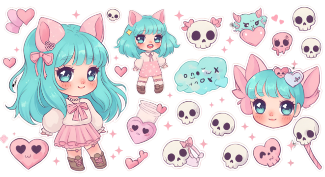 Cute Kawaii Girl Illustration With Pink Hearts And Skulls On Transparent Background