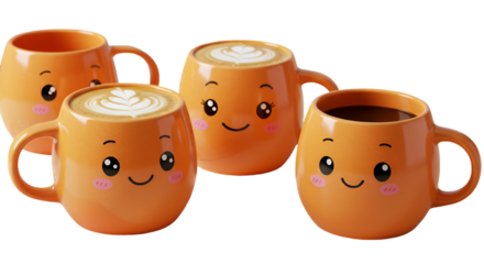 Cute Orange Cartoon Mugs of Coffee, Latte, and Espresso Drinks Isolated on Transparent Background