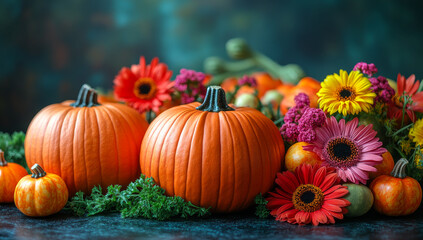 Pumpkins and flowers for fall. Two large pumpkins sit among colorful flowers, celebrating the vibrant colors of autumn with festive decorations.