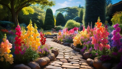beautiful snapdragons in various colors blooming along a stone path creating a vibrant and colorful garden scene