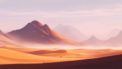 Desert panorama, stylized mountains, warm light