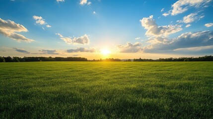 Vibrant Meadow Under Sunny Sky: An expansive green field stretches towards the horizon, illuminated by the radiant sun and scattered, puffy clouds in the vibrant sky.