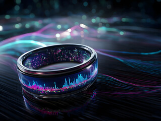 A futuristic smart ring displays colorful digital data and graphs, resting on a surface with vibrant neon light trails.