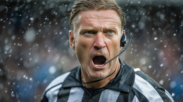 A football referee signals a free kick during a match