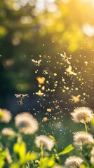 Enchanting Macro View of Midges Dancing in Golden Sunlight Amidst Dandelion Seeds