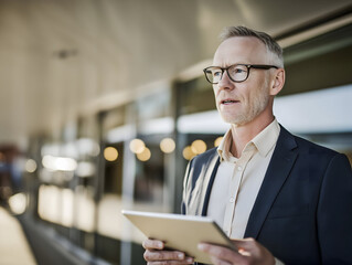 A professional older man in glasses stands outdoors holding a tablet, looking thoughtfully into the distance with a modern building in soft focus behind him.