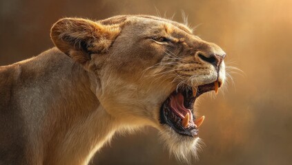 Lioness roaring, profile view, golden light