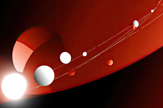 Abstract red background with white spheres and light trails