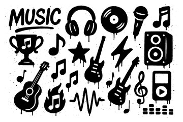 Urban graffiti music and sound icon set, bold street art audio graphics