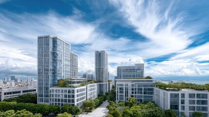 Obraz premium Urban Architectural Marvel: A modern cityscape showcasing sleek architectural designs under a vibrant, cloudy sky. The scene offers a perspective of a contemporary urban development.
