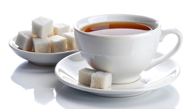 white sugar cubes and cup of hot tea with sugar cubes on a saucer isolated on white background - Powered by Adobe