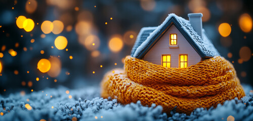 Cozy home wrapped in a warm scarf. A cozy house with glowing windows is wrapped in a yellow scarf, surrounded by snow and distant soft lights.