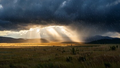 sun rays shining through dark clouds with heavy rain falling creating a dramatic and atmospheric scene