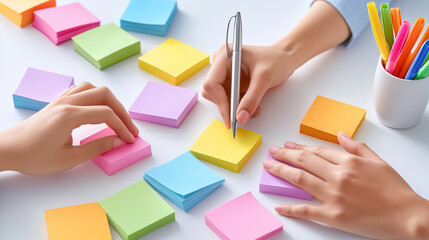 Overhead perspective of a white conference table during a creative workshop, numerous brightly colored adhesive notes with handwritten words related to strategy ,writing, note, collaborative problem-s