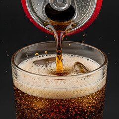 pouring cola soda drink from can to glass